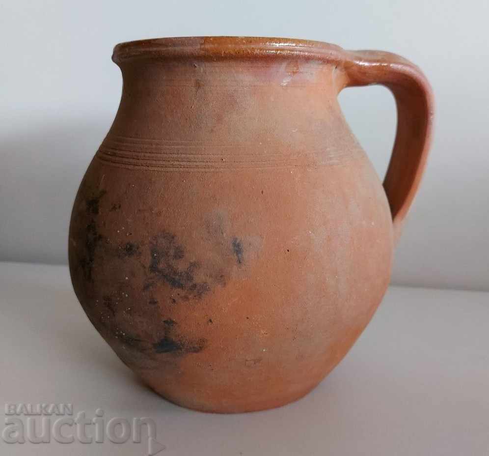 Oală ceramică autentică veche, vas cu toartă, recipient rezistent, arsă Oală ceramică autentică veche, vas cu toartă, recipient rezistent, arsă