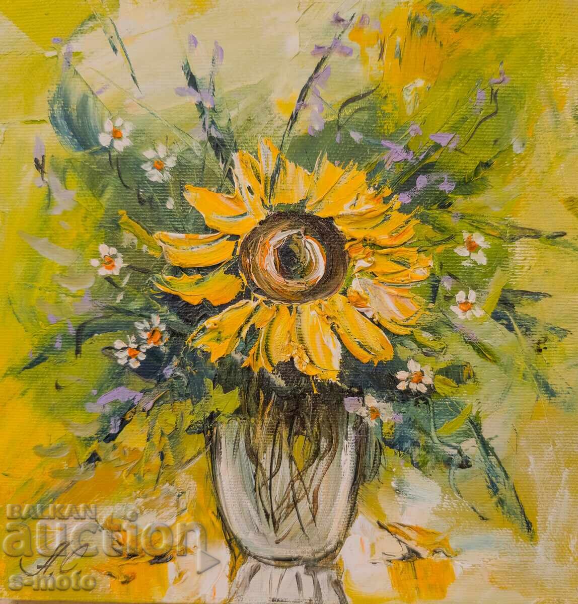 Έργο ζωγραφικής με λάδι νεκρή φύση με λουλούδια