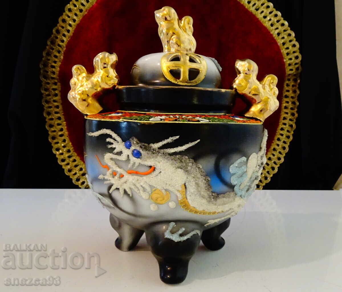 Tămâie, vas de tămâie porțelan japonez Satsuma, dragon Tămâie, vas de tămâie porțelan japonez Satsuma, dragon