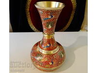 Vază de bronz de poveste, email cloisonné colorat, păuni, flori