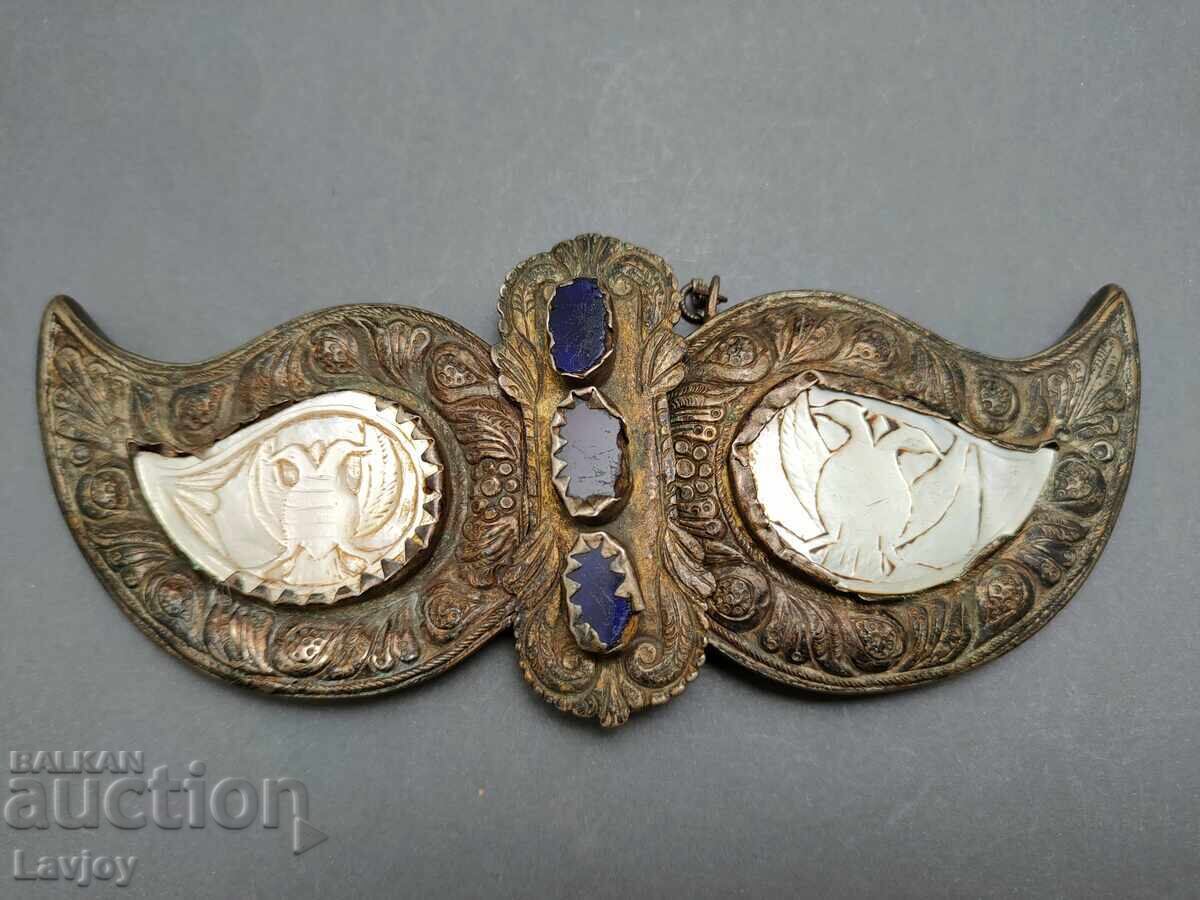 Revival-era silver buckle with mother-of-pearl ###