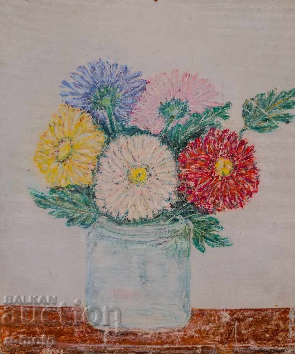 Έργο ζωγραφικής με λάδι νεκρή φύση με λουλούδια
