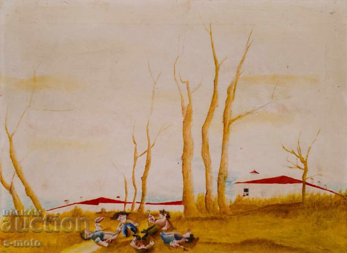 Tablou ulei pe pânză peisaj naivism cu preț 300.00 BGN | € 153.39 Tablou ulei pe pânză peisaj naivism cu preț 300.00 BGN | € 153.39