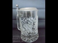 №8195 Old engraved glass beer mug with metal lid