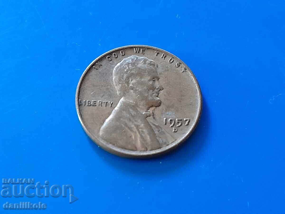 *$*Y*$* САЩ 1 ЦЕНТ 1957 Буква D - ОТЛИЧНА *$*Y*$*