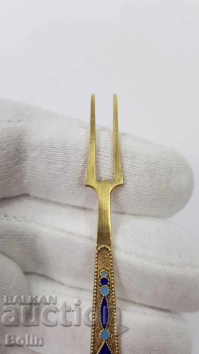 Auction  Russian USSR Silver Fork with Enamel 875 assay