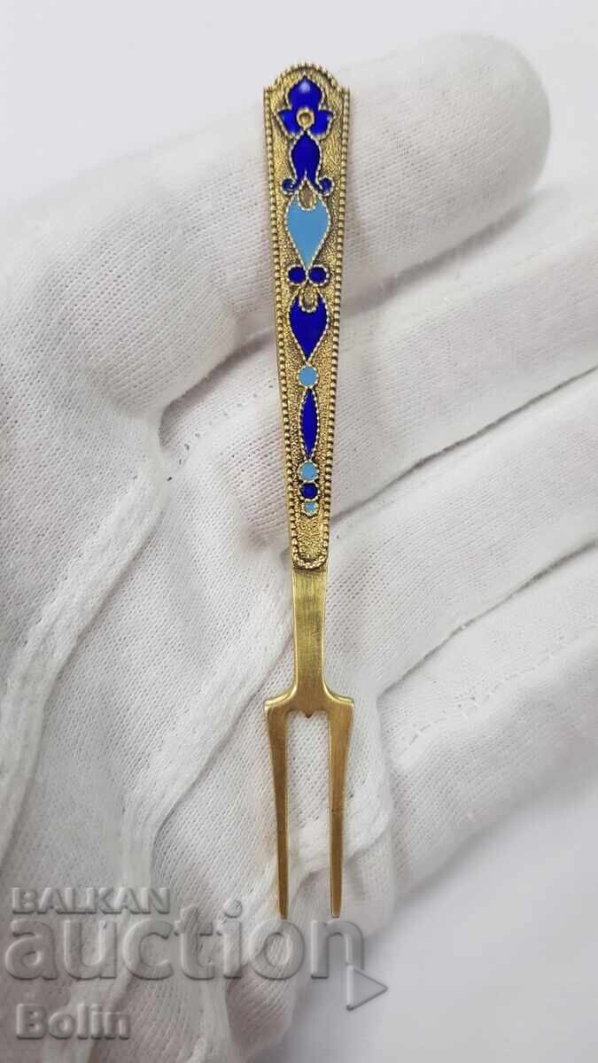 Russian USSR Silver Fork with Enamel 875 assay - 5