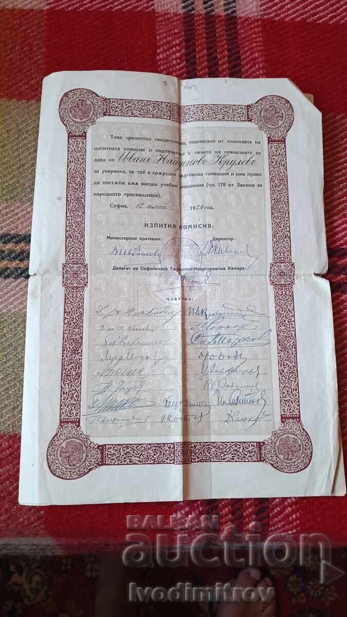 Απολυτήριο Εμπορικού Γυμνασίου Σόφιας 1924 - 5