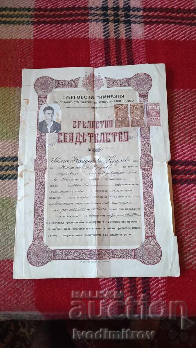 Απολυτήριο Εμπορικού Γυμνασίου Σόφιας 1924