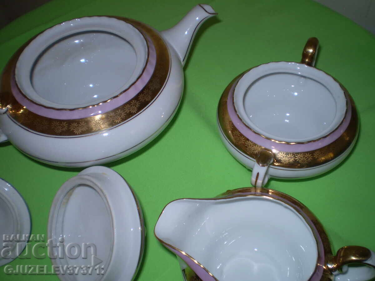 Παλιό πορσελάνινο σετ τσαγιού ζαχαριέρα γαλατιέρα χρυσό και ροζ περίγραμμα - 5