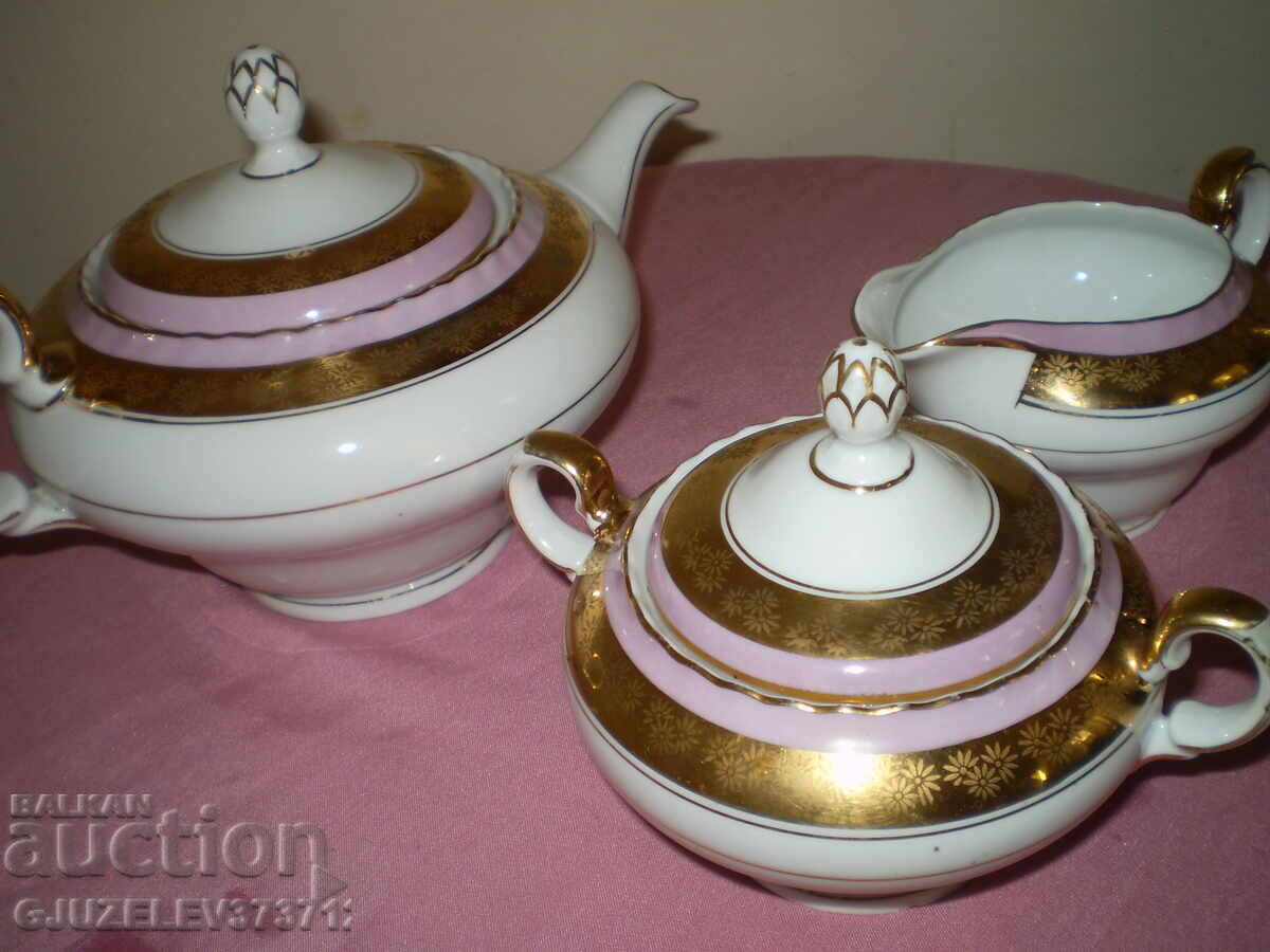 Παλιό πορσελάνινο σετ τσαγιού ζαχαριέρα γαλατιέρα χρυσό και ροζ περίγραμμα - 6