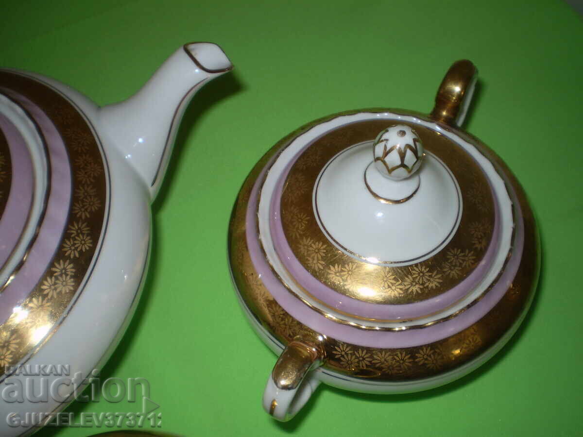 Παλιό πορσελάνινο σετ τσαγιού ζαχαριέρα γαλατιέρα χρυσό και ροζ περίγραμμα - 7