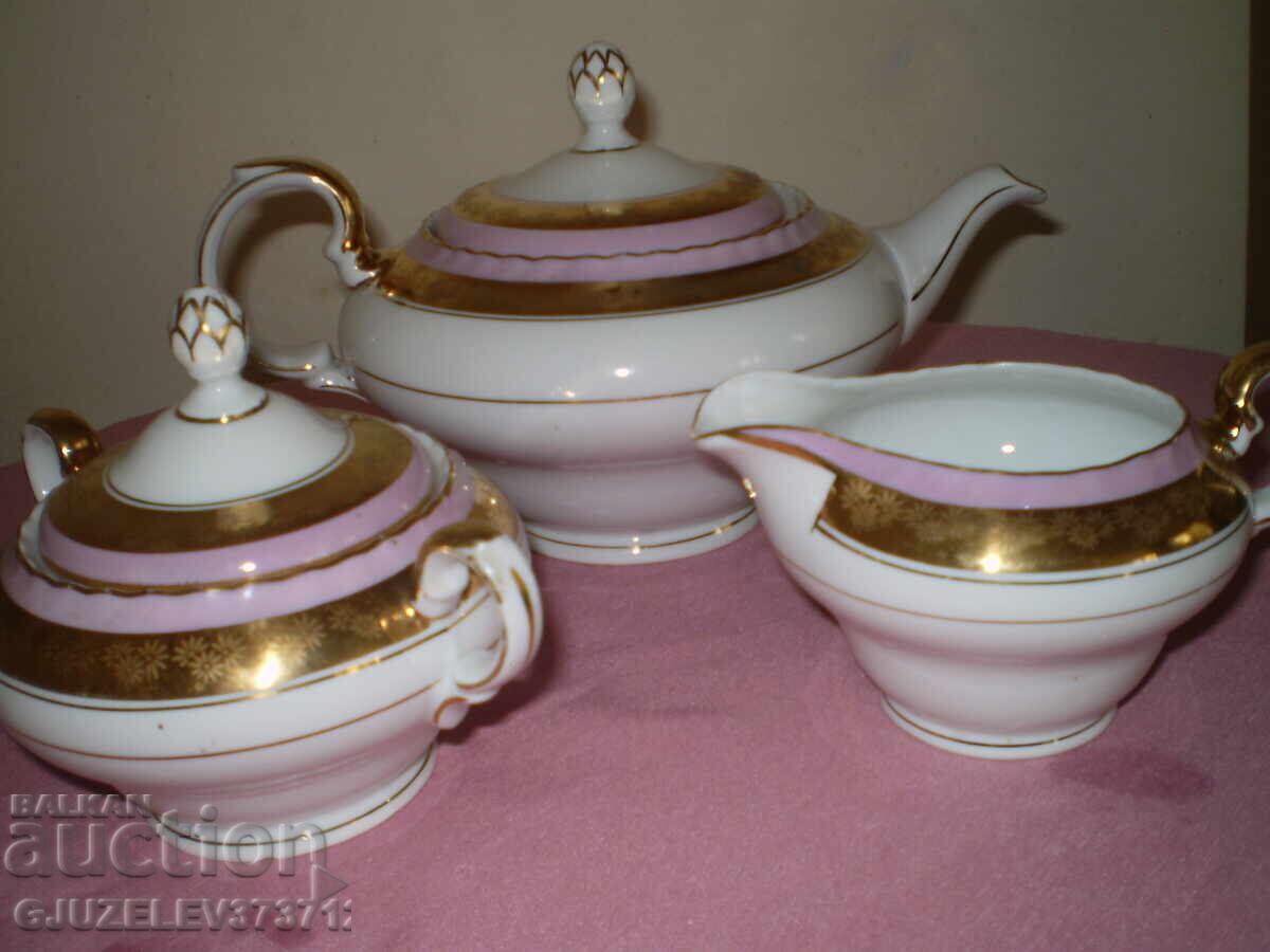 Παλιό πορσελάνινο σετ τσαγιού ζαχαριέρα γαλατιέρα χρυσό και ροζ περίγραμμα