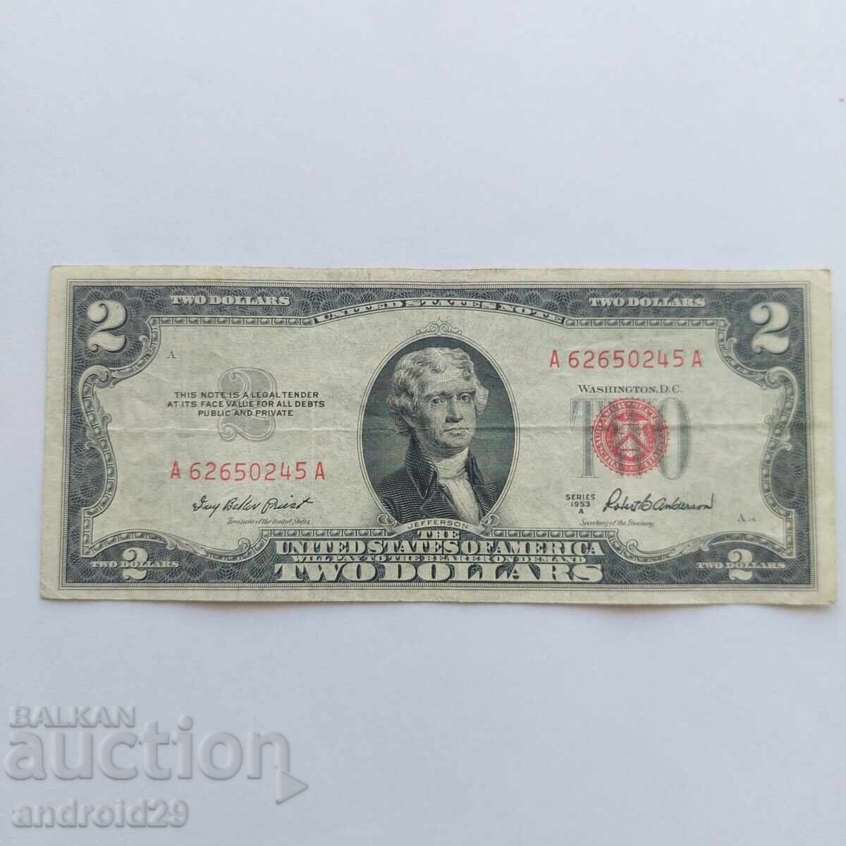 2 Dollars 1953A USA, Red Seal /AU/ Banknote - 1 piece 2 Dollars 1953A USA, Red Seal /AU/ Banknote - 1 piece