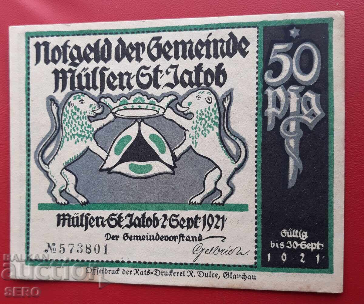 Bancnotă-Germania-Saxonia-Mülsen St. Jakob-50 pfennig 1921 cu preț 2.00 BGN | € 1.02 Bancnotă-Germania-Saxonia-Mülsen St. Jakob-50 pfennig 1921 cu preț 2.00 BGN | € 1.02