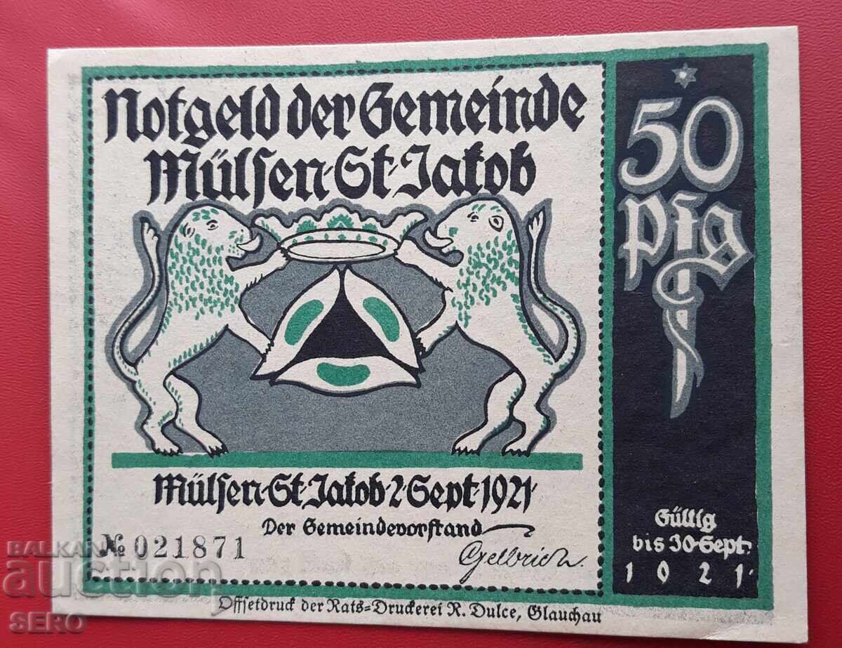 Τραπεζογραμμάτιο-Γερμανία-Σαξονία-Μύλσεν Σεντ Γιάκομπ-50 πφένιγκ 1921 με τιμή 2.00 BGN | € 1.02