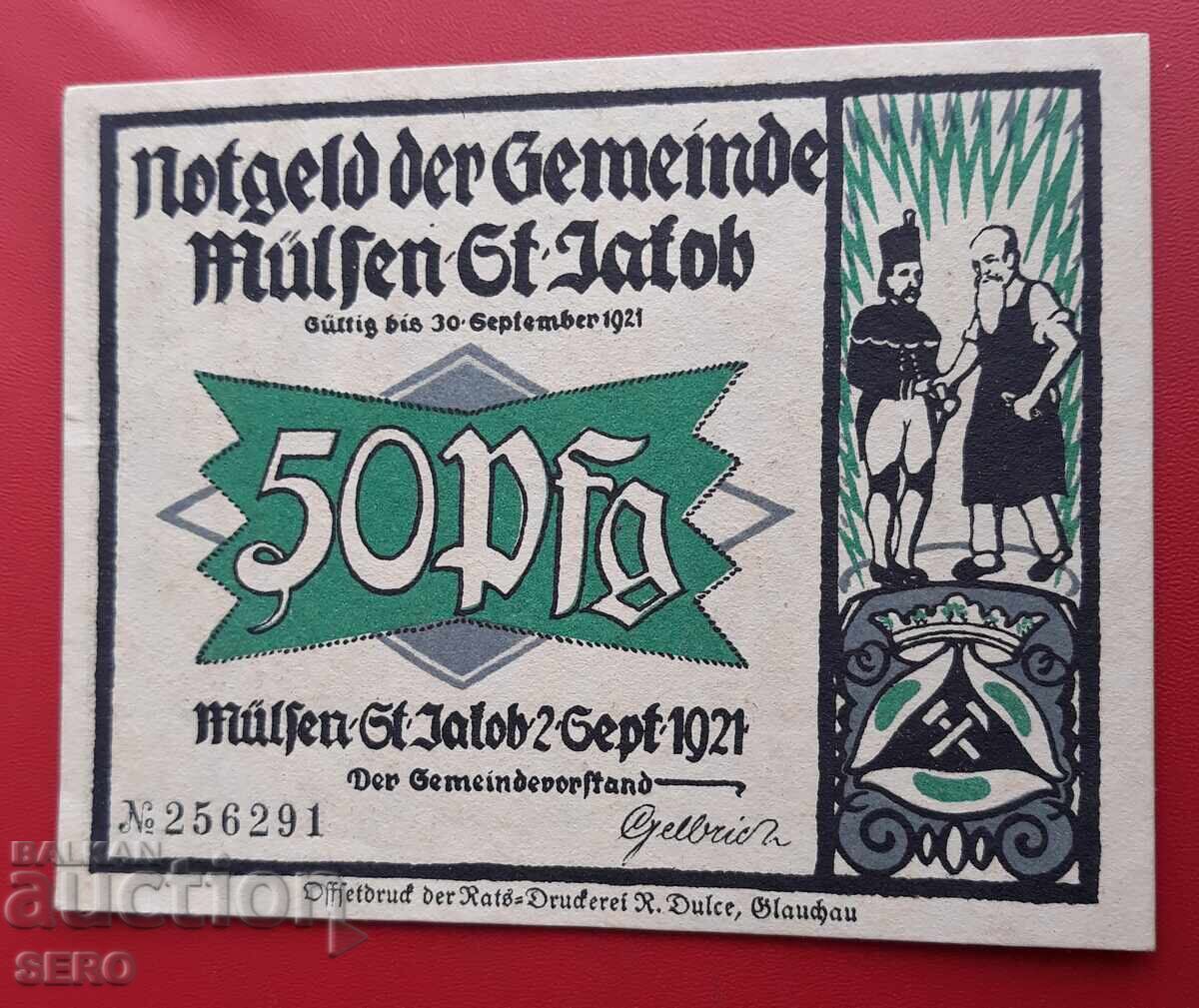 Banknote - Germany - Saxony - Mülsen St. Jacob - 50 Pfennig 1921 with price 2.00 BGN | € 1.02