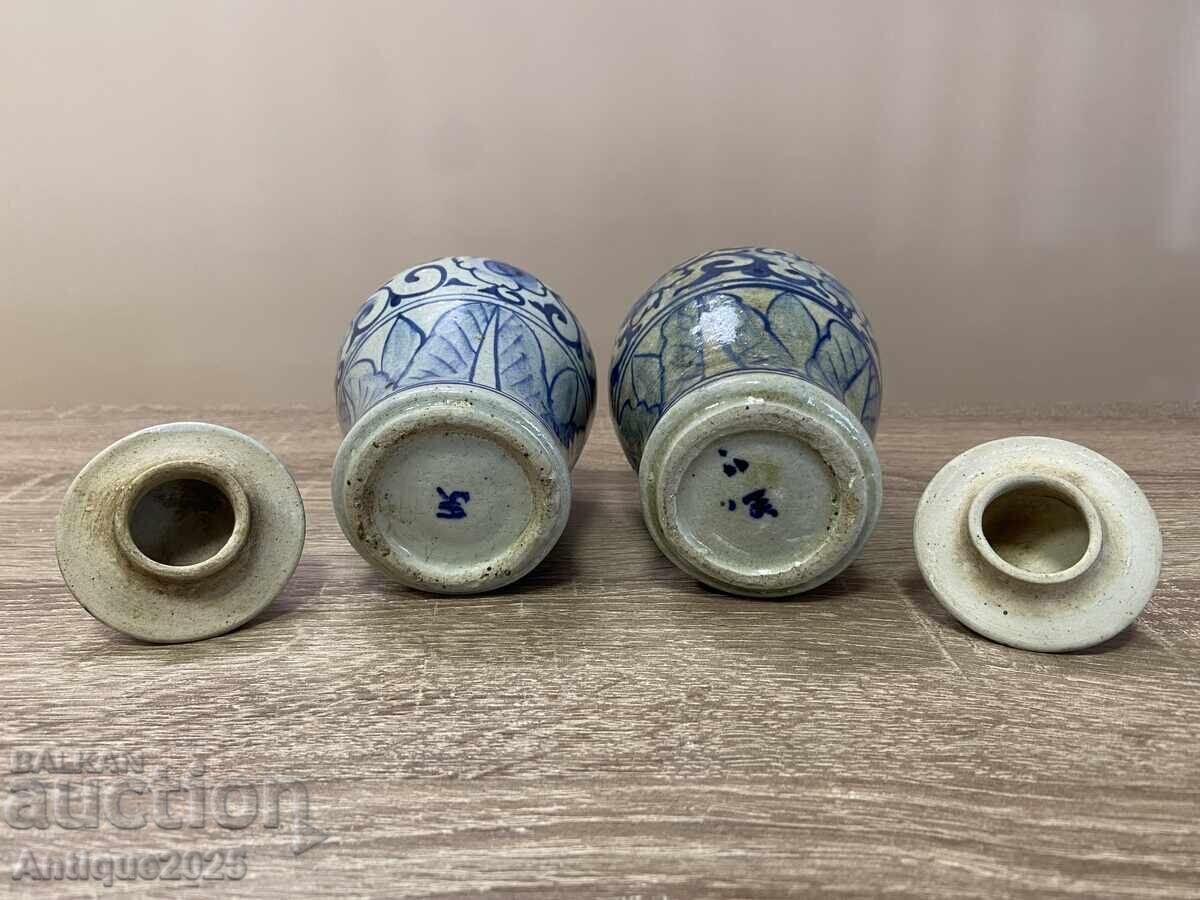 Delivery of Pair of antique ceramic vases with lids, handmade