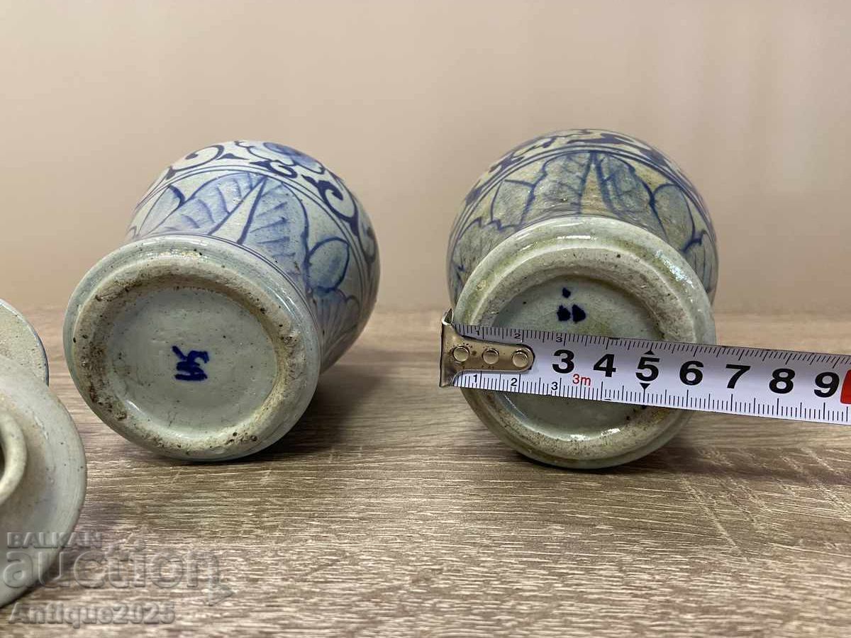 Pair of antique ceramic vases with lids, handmade - 5