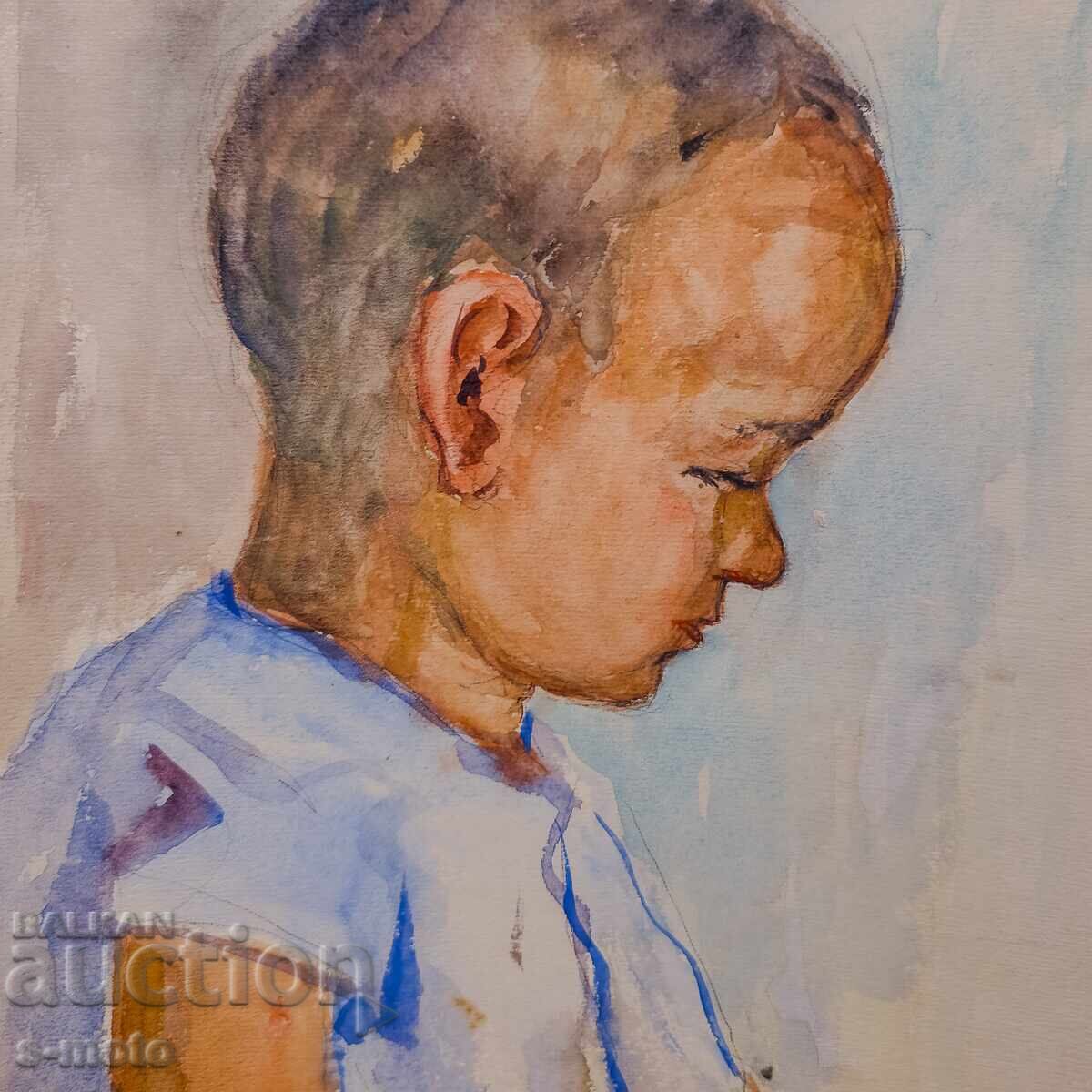 Доставка на Стара картина акварел детски портрет