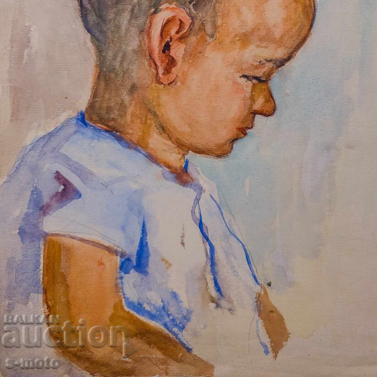 Стара картина акварел детски портрет - 5