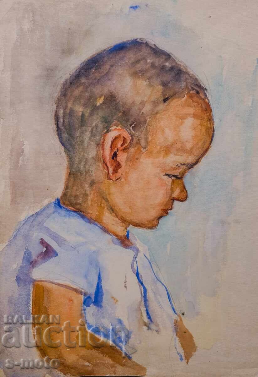Стара картина акварел детски портрет