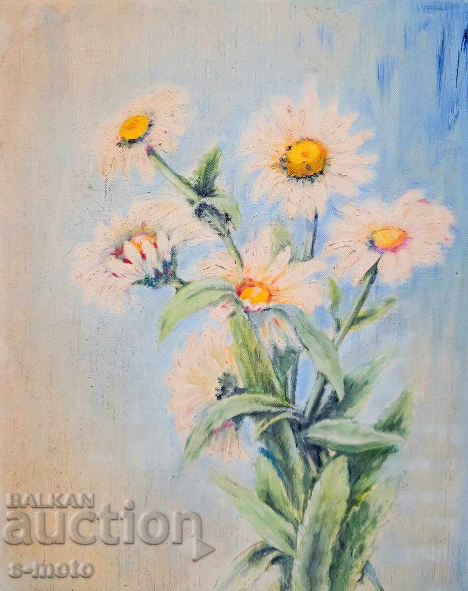 Παλιός ελαιογραφία νεκρή φύση με λουλούδια