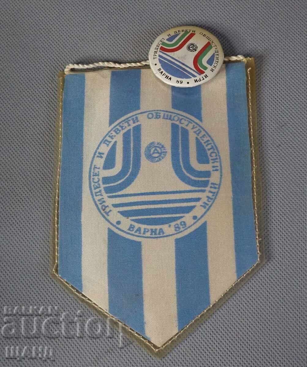 1989 Φλαγκάκι, σημαία και κονκάρδα Δημοκρατική Σπαρτακιάδα Βάρνα