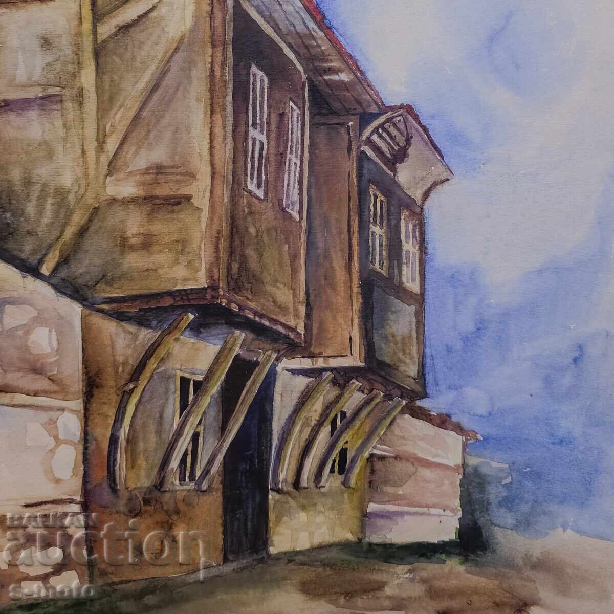 Стара картина акварел градски пейзаж - 5