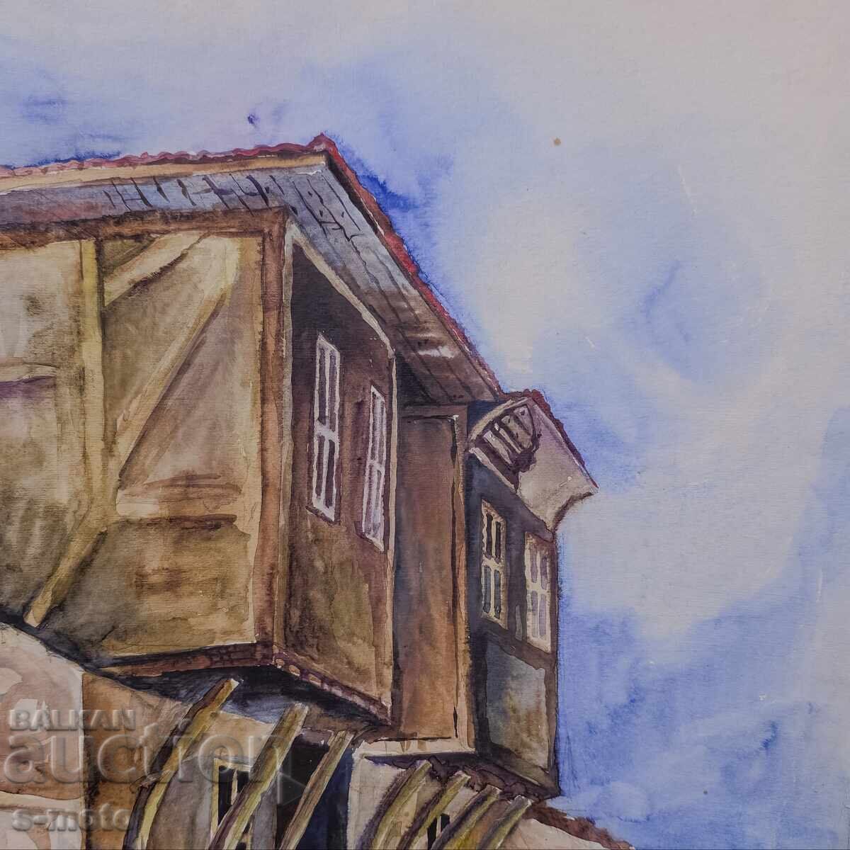 Стара картина акварел градски пейзаж - 6