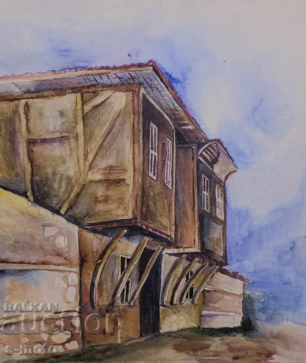 Стара картина акварел градски пейзаж