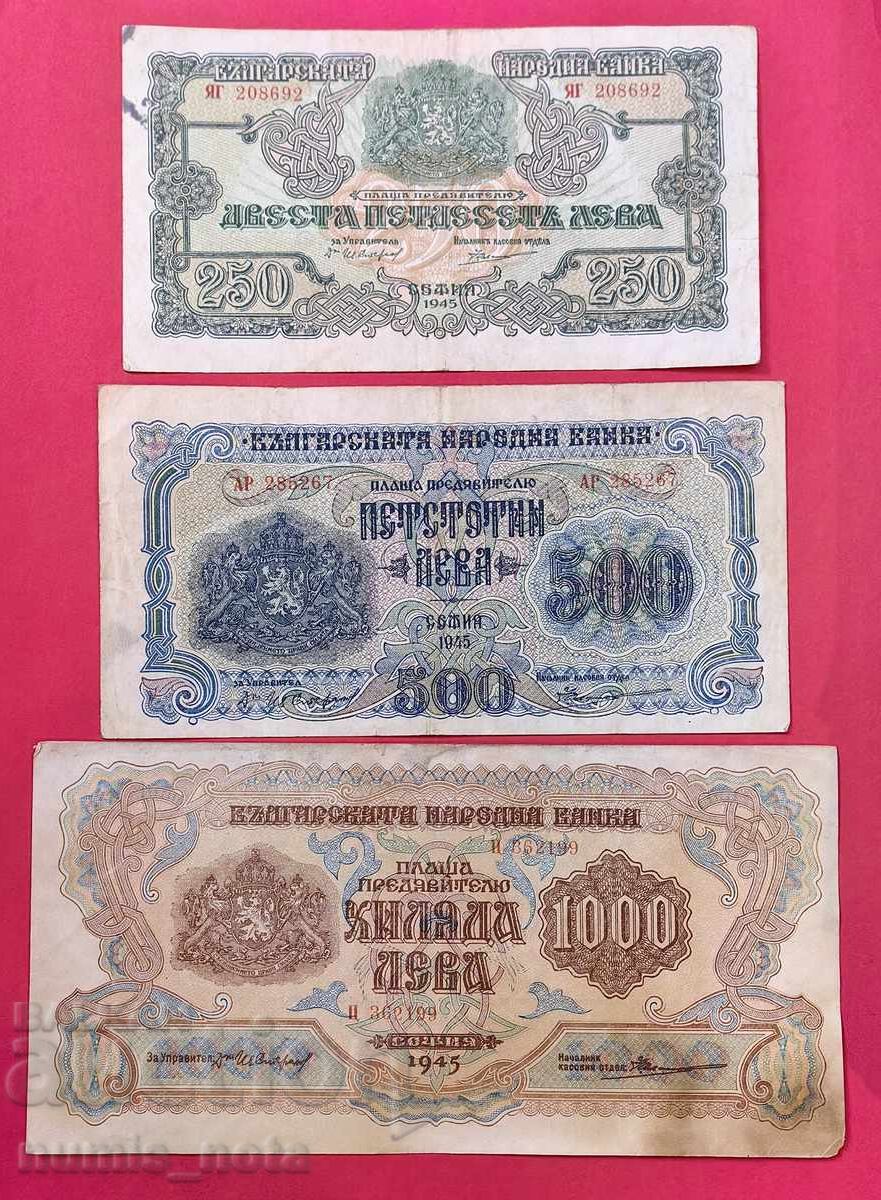 Lot of 250, 500, and 1000 leva 1945 Bulgaria