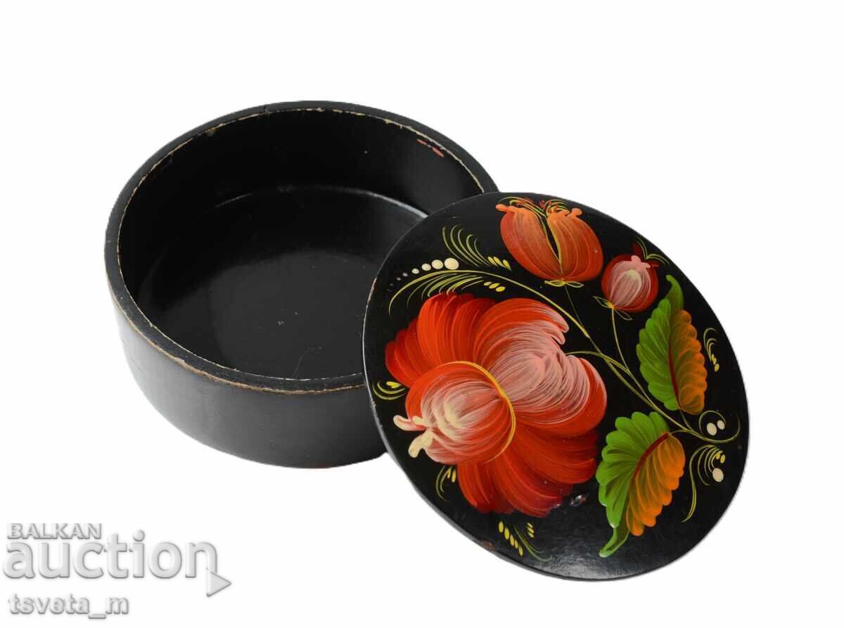 Wooden jewelry box Khokhloma USSR lacquer hand-painted lid