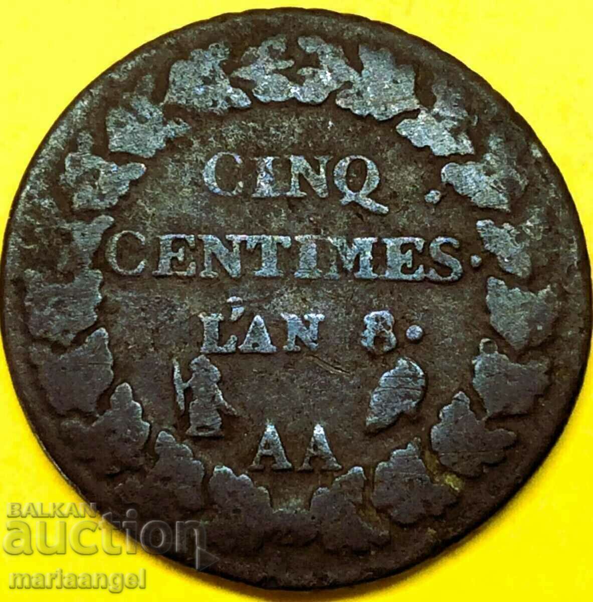 Franța 5 centimes 1799 LAN 8 Franța Consulatul lui Napoleon cu preț 21.00 BGN | € 10.74