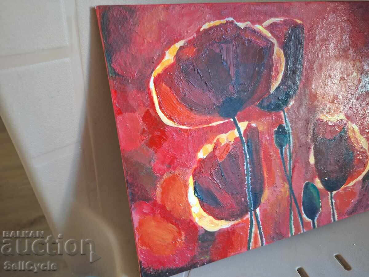Auction  ✅ ACRYLIC PAINTING - POPPIES - 19/24 CM.❗
