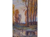 Old watercolor painting, forest landscape, 1958