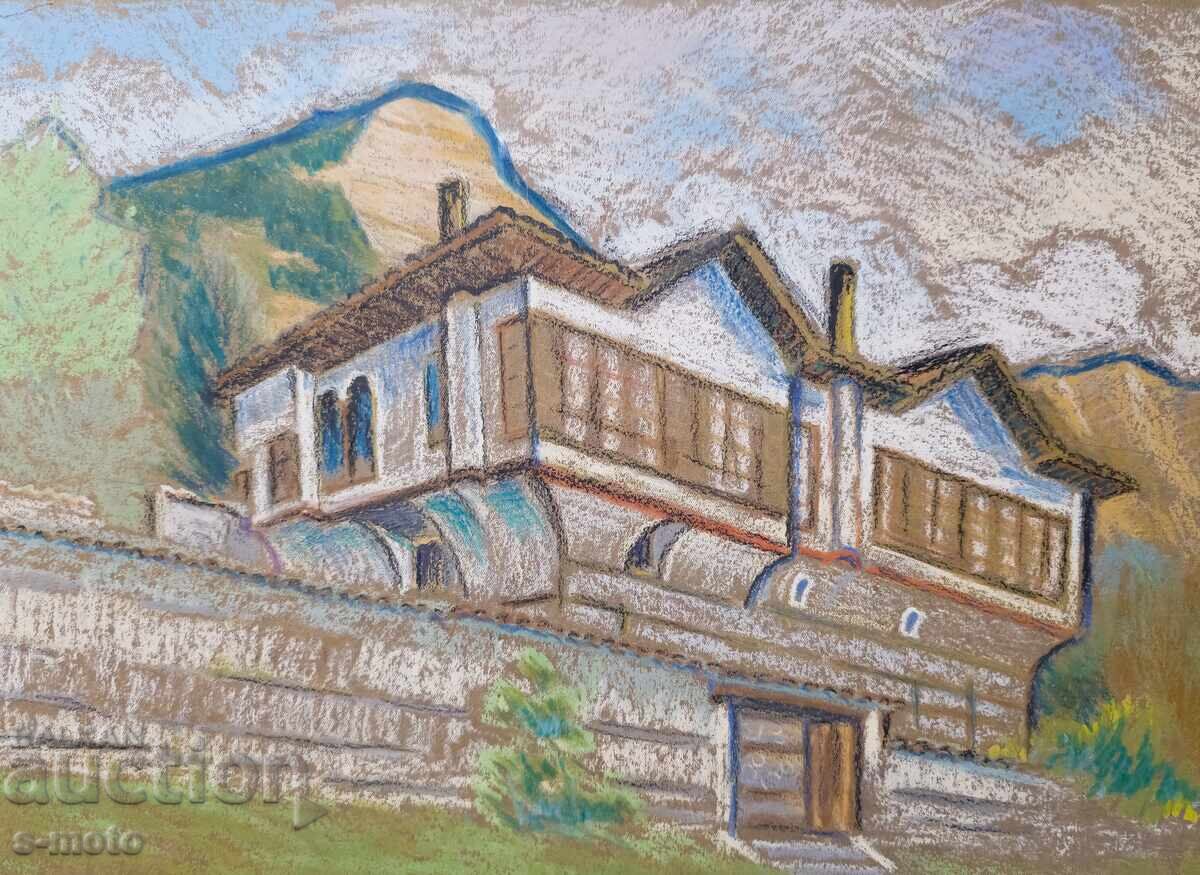 Auction  Pastel painting, cityscape, 1966