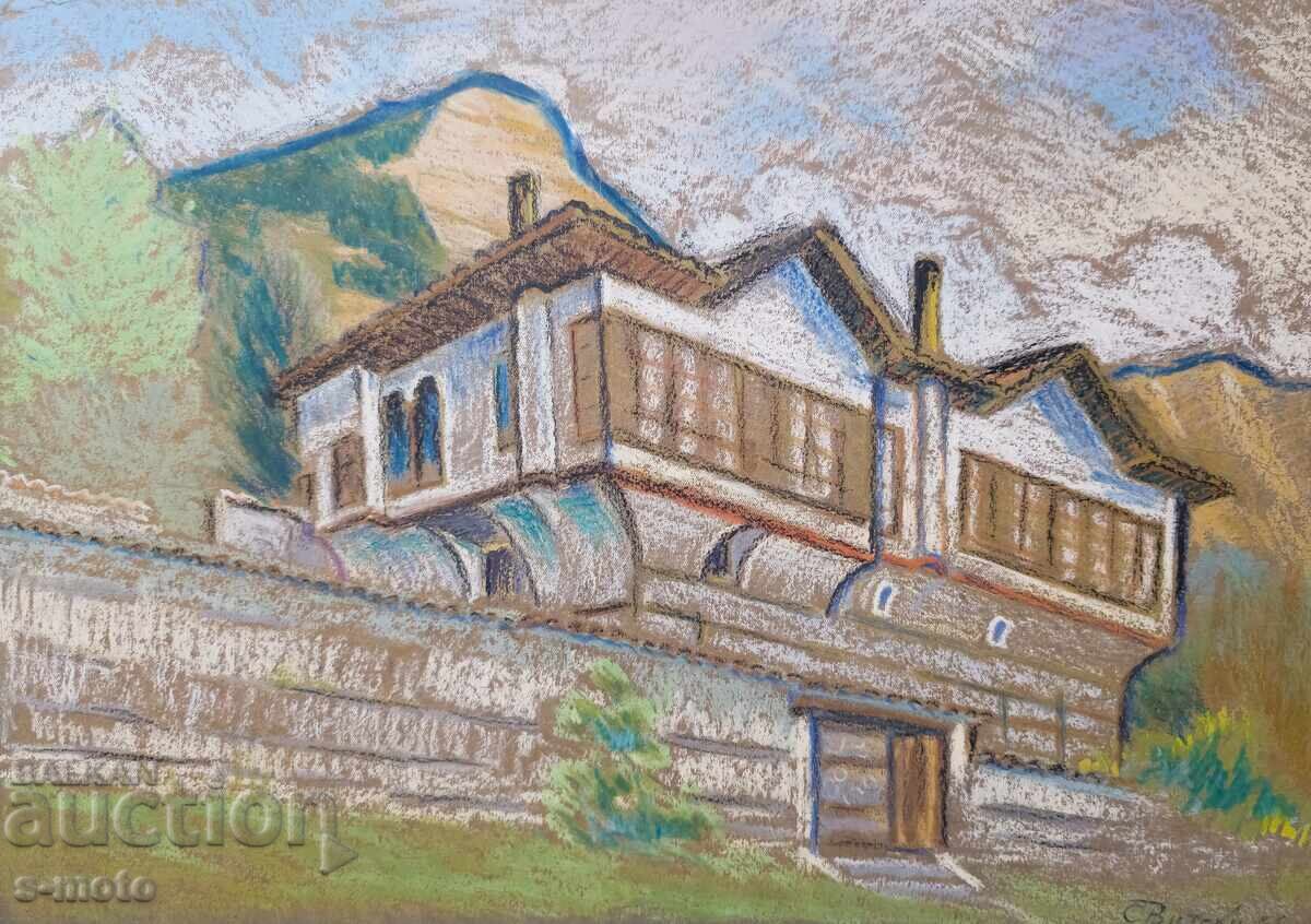 Pastel painting, cityscape, 1966