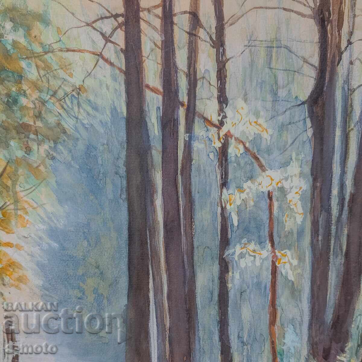 Delivery of Old watercolor painting forest landscape 1977 Delivery of Old watercolor painting forest landscape 1977