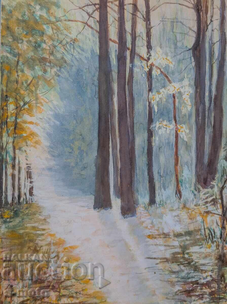 Old watercolor painting forest landscape 1977 Old watercolor painting forest landscape 1977