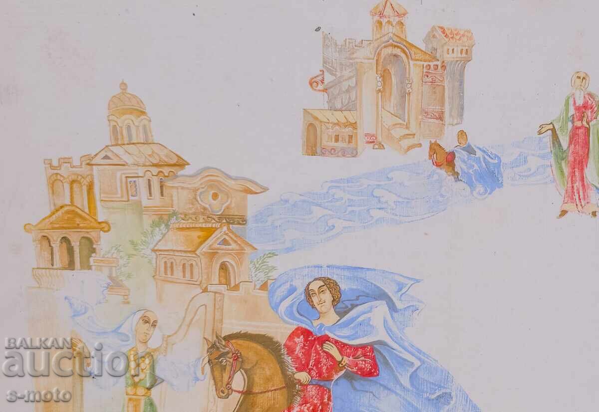 Auction Old gouache painting, figurative composition Auction Old gouache painting, figurative composition