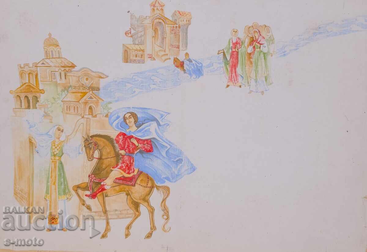 Old gouache painting, figurative composition Old gouache painting, figurative composition