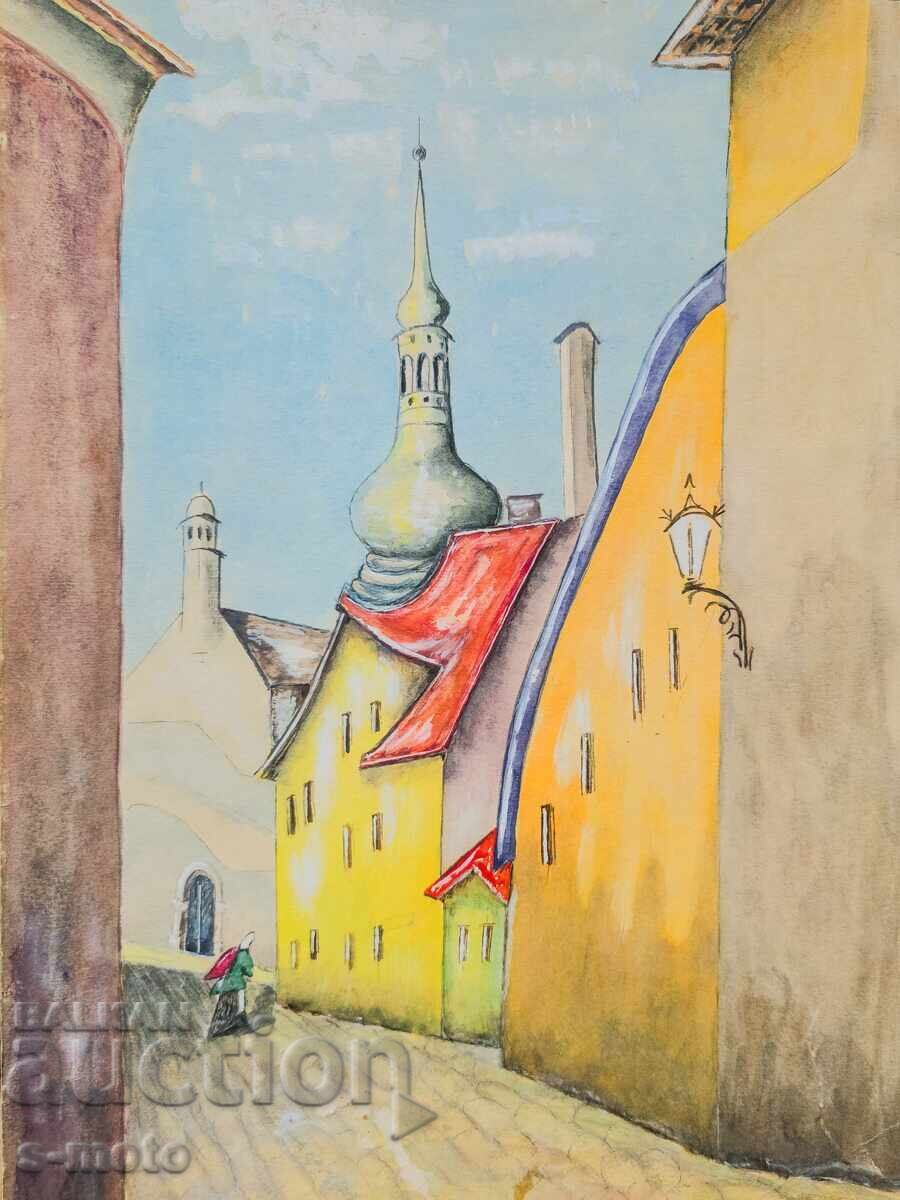 Стара картина акварел градски пейзаж с цена 250.00 лв. | € 127.82 Стара картина акварел градски пейзаж с цена 250.00 лв. | € 127.82