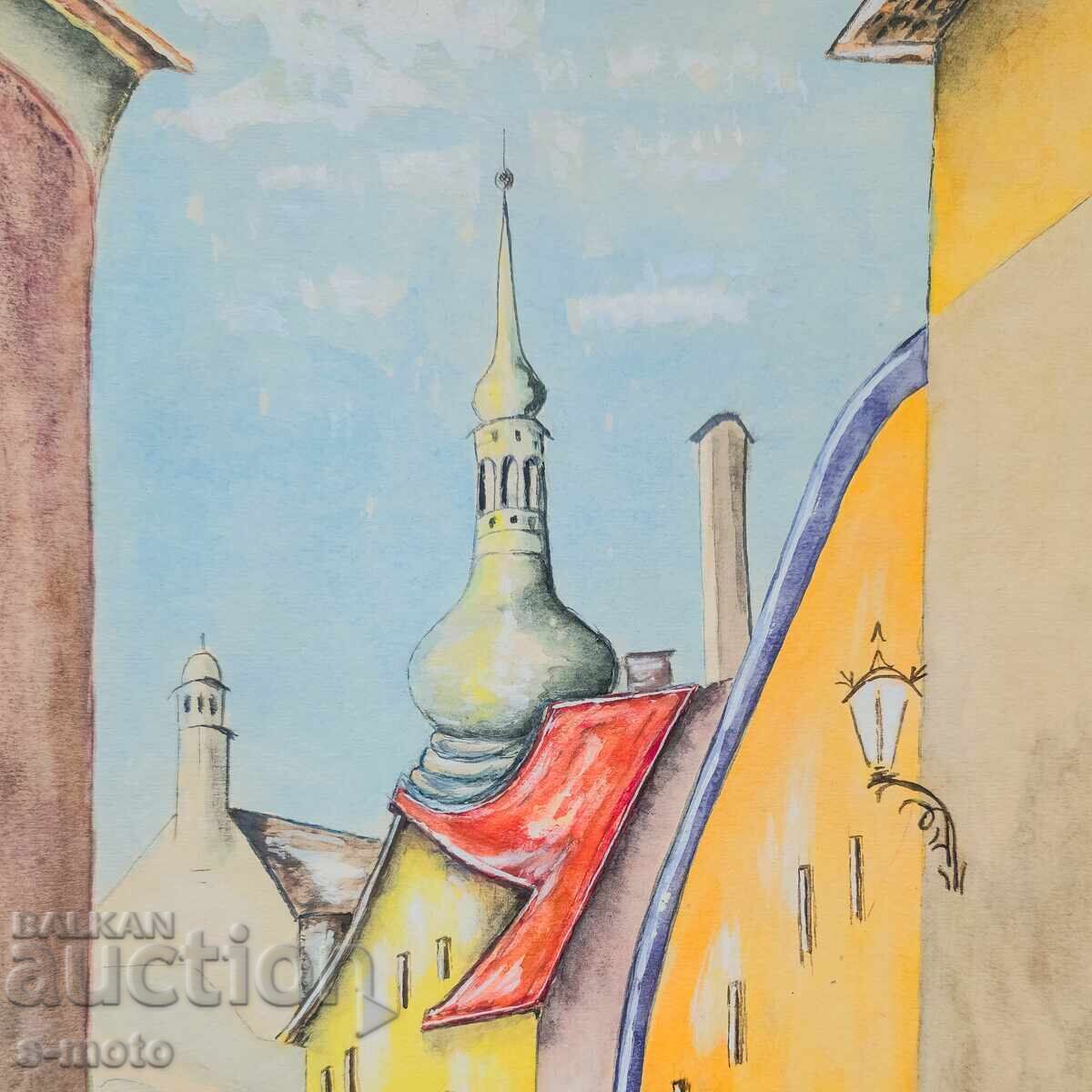 Аукцион Стара картина акварел градски пейзаж Аукцион Стара картина акварел градски пейзаж