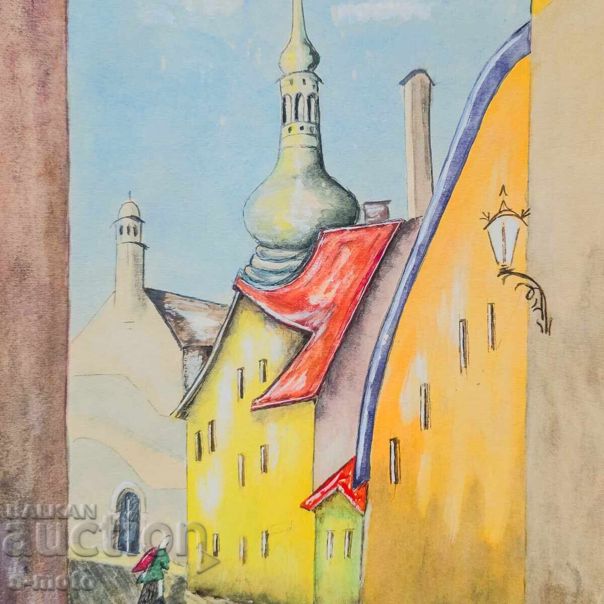 Доставка на Стара картина акварел градски пейзаж Доставка на Стара картина акварел градски пейзаж