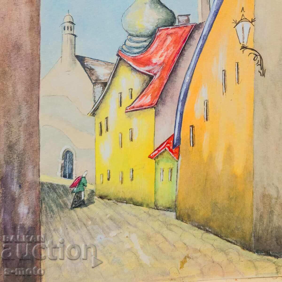 Стара картина акварел градски пейзаж - 5 Стара картина акварел градски пейзаж - 5