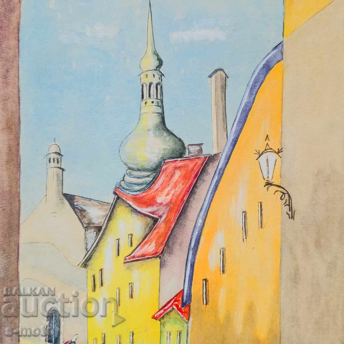 Стара картина акварел градски пейзаж - 6 Стара картина акварел градски пейзаж - 6