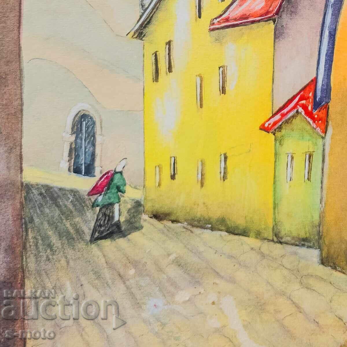 Стара картина акварел градски пейзаж - 7 Стара картина акварел градски пейзаж - 7