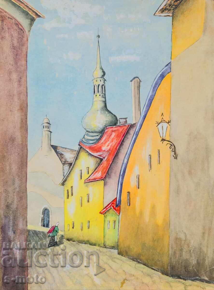 Стара картина акварел градски пейзаж Стара картина акварел градски пейзаж