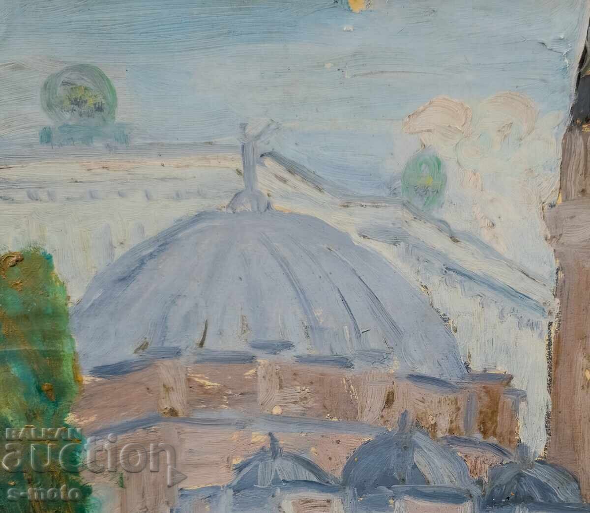 Auction  Old oil painting, cityscape, 1962